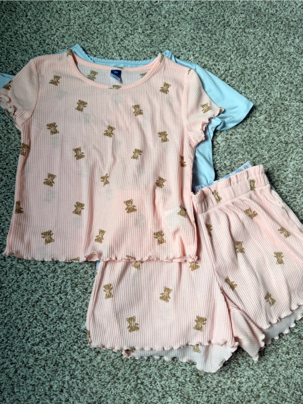 Girls Kids Pink Teddy-Print Ribbed Pajama Set